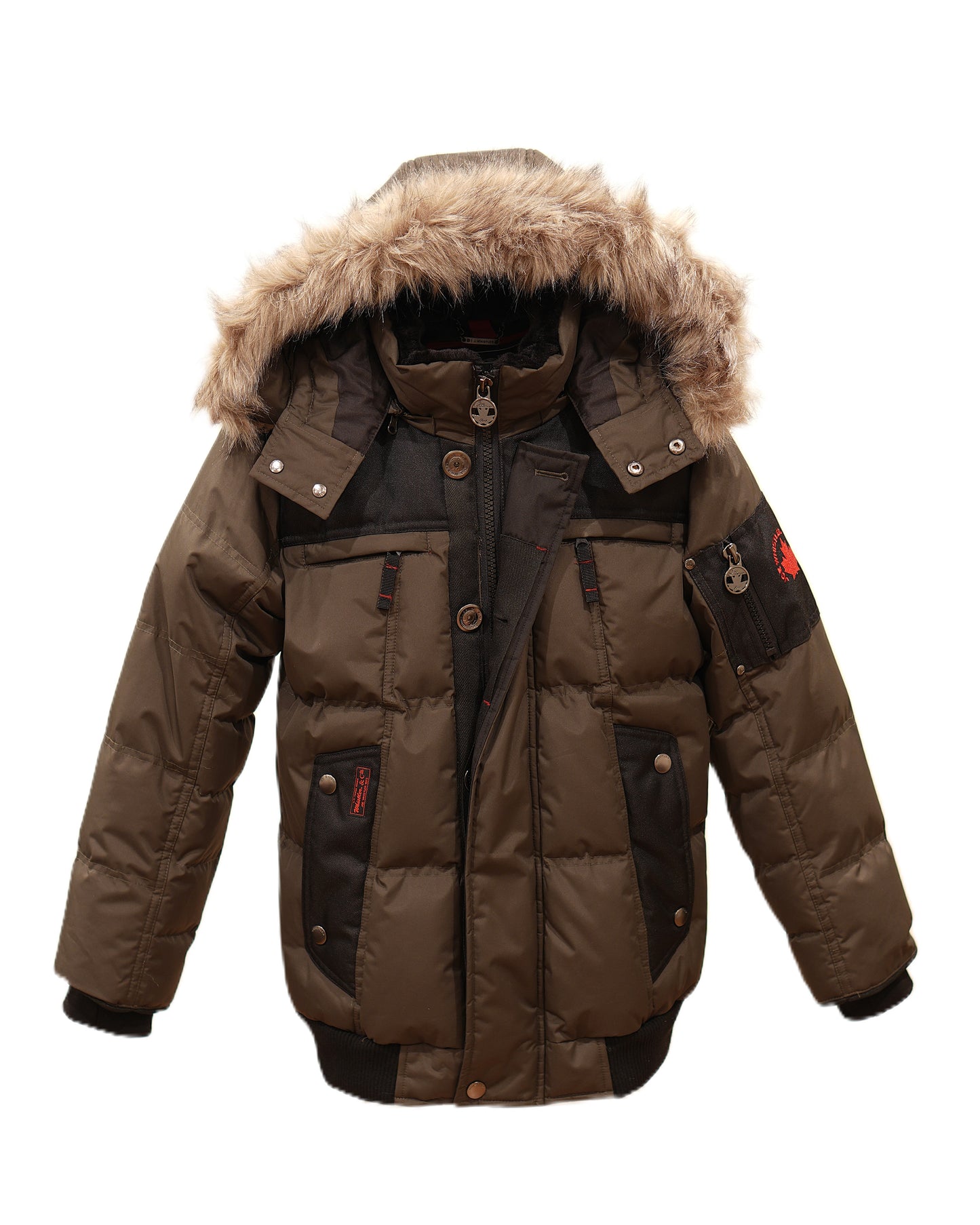 Boys Heavy Mix-Media Bubble Winter Jacket with Zip-off Hood and Removable Faux Fur