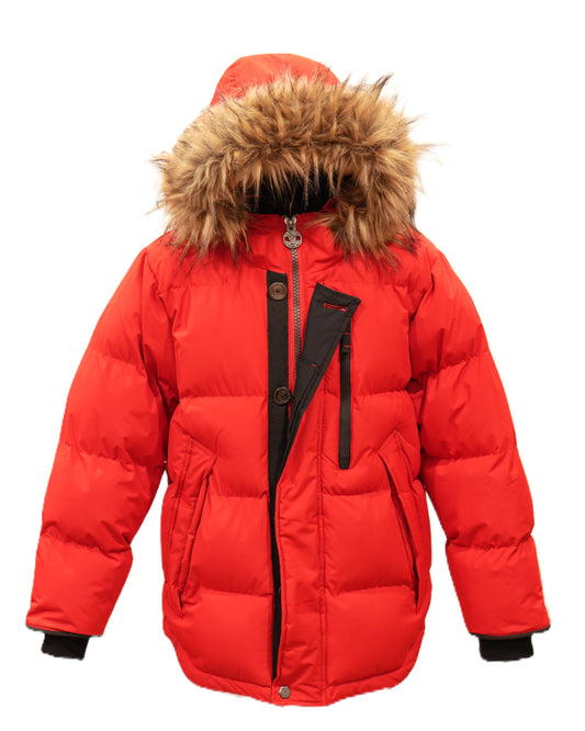 Boys Heavy Bubble Puffer Winter Mid-Length Jacket with Hood and Removable Faux Fur