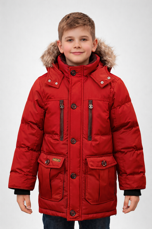 Boys Heavyweight 3/4 Parka Puffer Jacket with Removable Hood